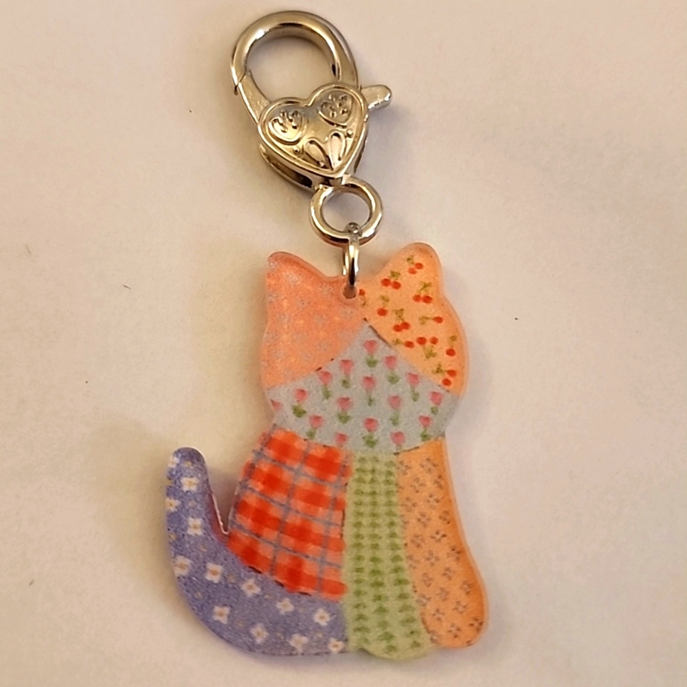 CAT  ZIPPER Pull purse charm Patchwork  Charm bracelet Lobster claw clip closure